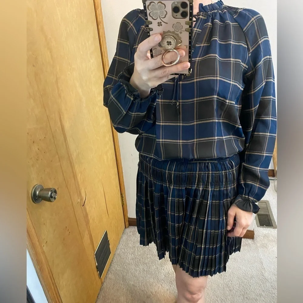 Current Air Los Angeles Prep School Plaid Pleated Long Sleeve Mini Dress - Picture 7 of 10